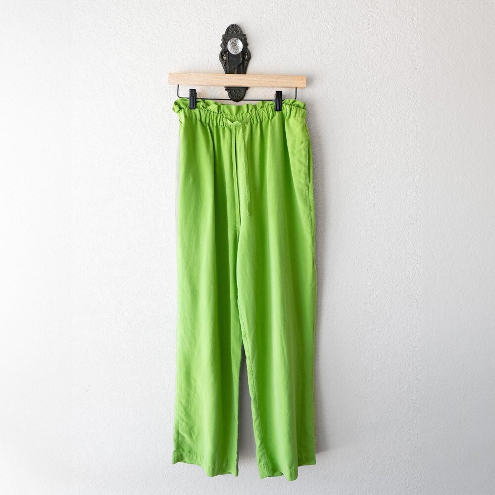 Silk House Size M 100% Silk Green Wide Leg Pants | High Waist Elastic | Vibrant